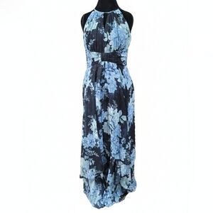 R&M Richards Blue Floral Halter Maxi Dress Size 10 NWT Silver Glitter Accents